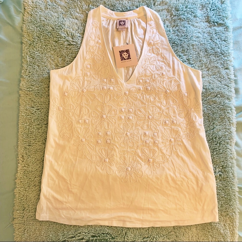 Anne Klein Beaded Floral V-Neck Tank Top NWT